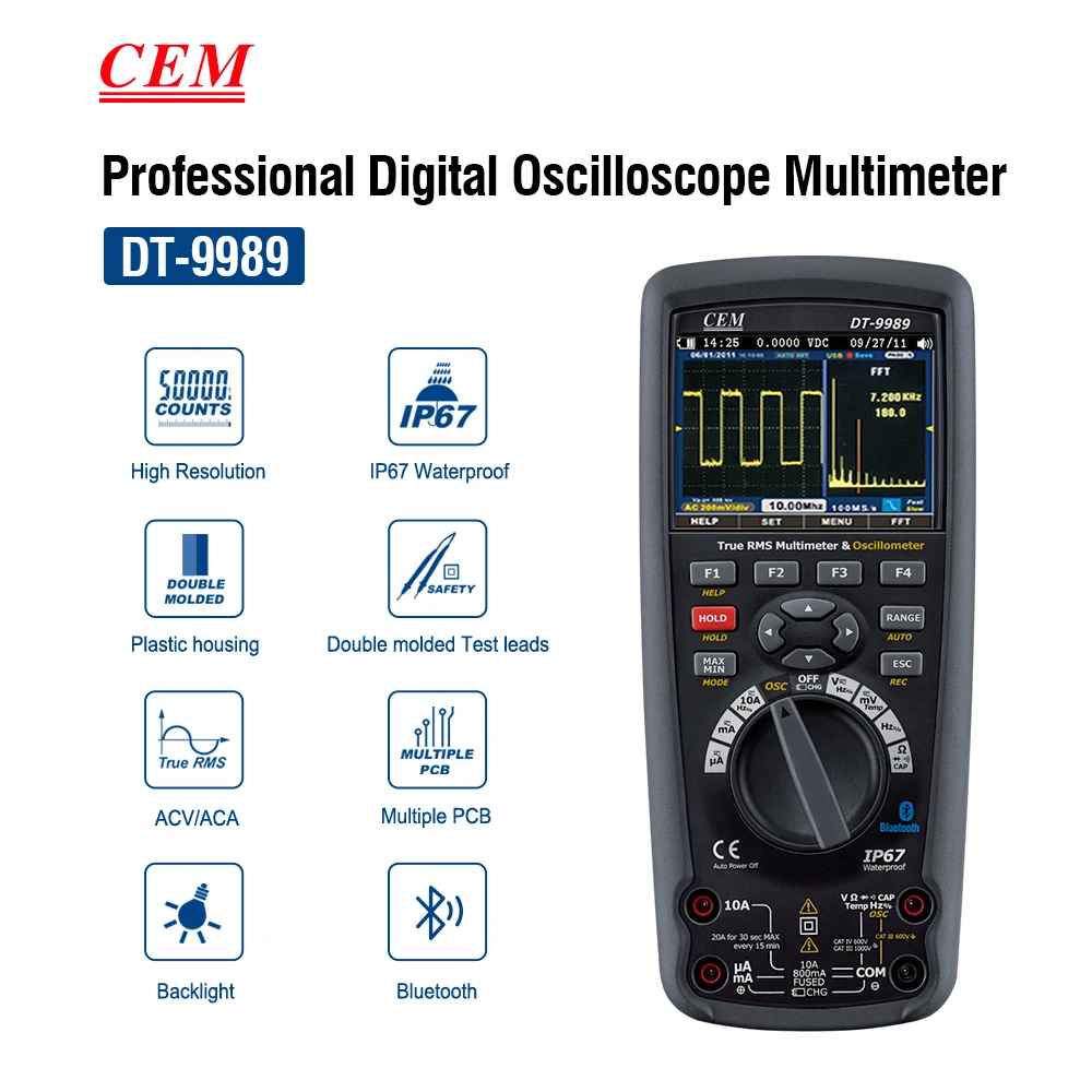 CEM DT-9989 2 in 1 Professional 50000 counts True RMS Digital Multimeter Oscilloscope With 320x240 TFT Color LCD Display CEM DT-9989 2 in 1 Professional 50000 counts True RMS Digital Multimeter Oscilloscope With 320x240 TFT Color LCD Display